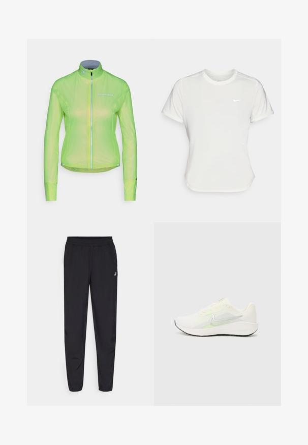 Veste légère en néon vert brillant, dotée d'une fermeture éclair sur le devant, de manches longues et d'accents réfléchissants. Fabriquée en matériau léger et respirant.; T-shirt Nike en blanc, à manches courtes, col rond, fabriqué dans un tissu lisse et léger. Présente un logo discret sur la poitrine.; Pantalons de sport noirs avec une taille élastique, des jambes fuselées avec des poignets, fabriqués dans un matériau léger et lisse, et un petit logo sur la cuisse.; Nike Performance DOWNSHIFTER 13 - Chaussures de running sur route - sail/silver-coloured photon dust/summit white/barely volt/black