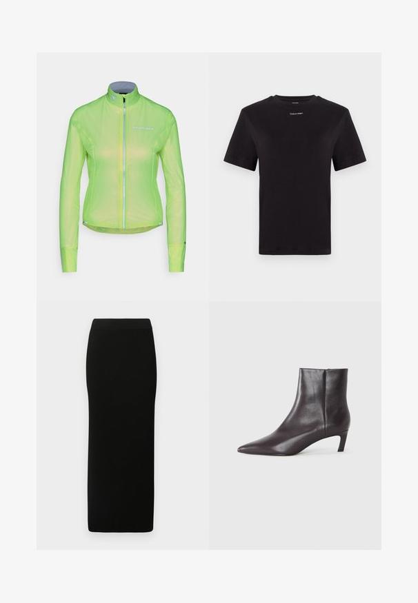 Lightweight jacket in bright neon green, featuring a full front zipper, long sleeves, and reflective accents. Made from a sheer, breathable material.; Black cotton t-shirt with short sleeves, crew neck, and small white "Calvin Klein" logo at the chest. Smooth texture, classic fit.; Black ribbed midi skirt with a form-fitting design, elastic waistband, and smooth texture, featuring a straight silhouette and no visible embellishments.; Black leather ankle boot with pointed toe and low kitten heel, smooth finish, side zipper, shown on a neutral background.