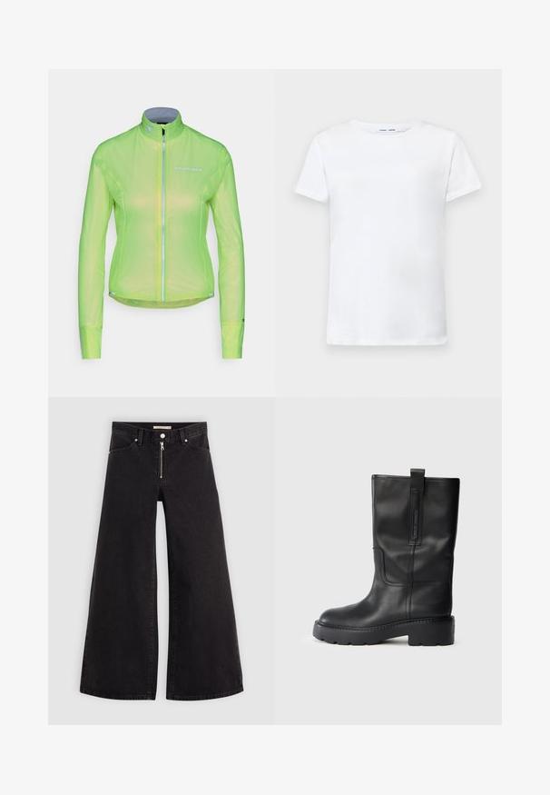 Lichte jack in heldergroen neon, met een volledige ritssluiting aan de voorkant, lange mouwen en reflecterende accenten. Gemaakt van een doorzichtig, ademend materiaal.; Witte korte mouwen t-shirt van katoen met een ronde hals. Soepele textuur en rechte snit, zonder patronen of accenten.; Wijdvallende jeans van zwarte denim met een ritssluiting aan de voorkant, vijf zakken en subtiele stikdetails. Soepele textuur en casual stijl.; Zwarte leren kniehoge laarzen met een slank ontwerp, voorzien van een dikke zool en een zijhandvat voor gemakkelijk aan- en uittrekken. Opvallende stikselaccenten.