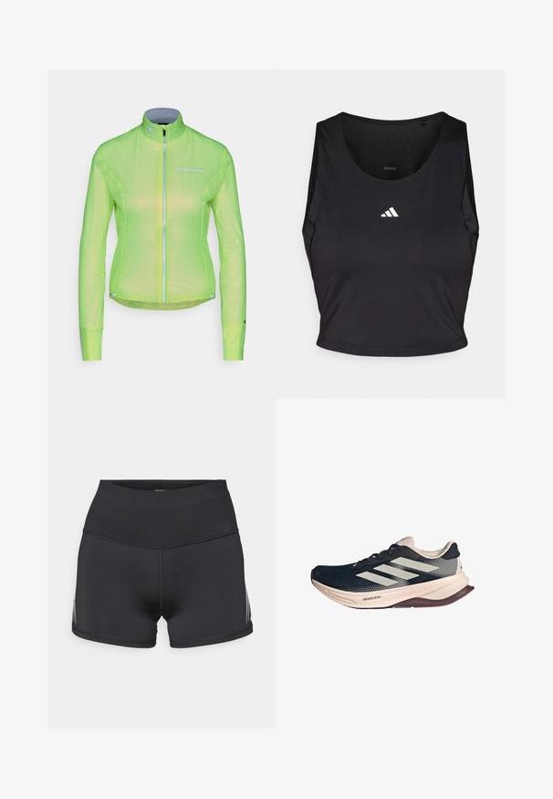 Lightweight jacket in bright neon green, featuring a full front zipper, long sleeves, and reflective accents. Made from a sheer, breathable material.; Black sports crop top made from moisture-wicking fabric, featuring a round neck, sleeveless design, and white logo on the chest.; Black athletic shorts with a high waistband, made of stretch fabric. Features white side stripes and flatlock seams for comfort.; Running shoe with a dark blue mesh upper, light beige sole, and white three-stripe design. Features a sleek, aerodynamic shape and textured accents.