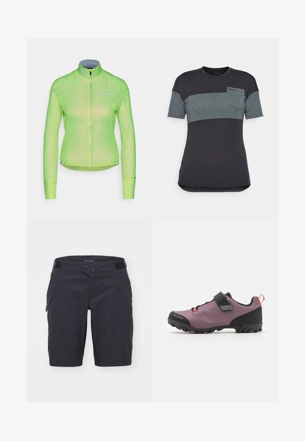 Lichte jack in heldergroen neon, met een volledige ritssluiting aan de voorkant, lange mouwen en reflecterende accenten. Gemaakt van een doorzichtig, ademend materiaal.; Korte mouwen t-shirt in donkergrey en teal met een horizontale kleurblok, voorzien van een borstzakje en een label aan de halslijn.; Donkergrijze shorts gemaakt van lichtgewicht stof. Kenmerken zijn twee knopen bij de taille, een met rits afgewerkte zak aan de zijkant en een gladde textuur.; Lichtpaarse sportschoen met zwarte accenten, meshstructuur, verstelbare band, rubberen zool met patroon en een trekband aan de achterkant.