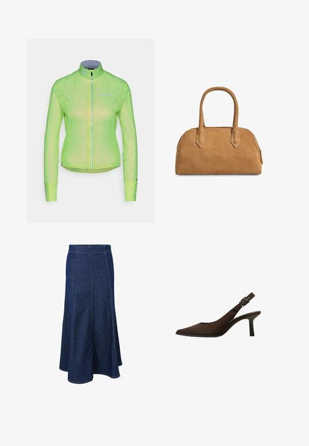 Veste légère en néon vert brillant, dotée d'une fermeture éclair sur le devant, de manches longues et d'accents réfléchissants. Fabriquée en matériau léger et respirant.; Haut sans manches marron en tissu léger avec un design drapé et un accent sur le côté, doté d'un col rond et d'une texture subtile.; Jupe en denim avec une taille ajustée, une coupe évasée et des détails de couture visibles. Couleur bleu foncé avec une texture lisse et des fentes latérales.; Escarpin slingback en daim marron avec un bout pointu, un design épuré, un talon fin et un accent de boucle sur la bride de cheville.; Sac à main en suède beige avec une forme structurée, doté de deux poignées et découpes triangulaires, avec une fermeture éclair sur le dessus.