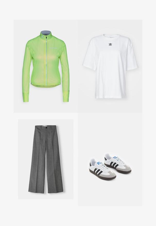 Leichte Jacke in leuchtendem Neon-Grün, mit einem durchgehenden Reißverschluss, langen Ärmeln und reflektierenden Akzenten. Hergestellt aus einem durchsichtigen, atmungsaktiven Material.; Weißes T-Shirt mit kurzen Ärmeln aus Baumwolle. Verfügt über einen Rundhalsausschnitt und ein kleines schwarzes Adidas-Logo auf der Brust. Gerader Saum.; Grauweite Hosen mit einem Nadelstreifenmuster, ausgestattet mit einem Knopfverschluss und zwei vorderen Taschen. Aus texturiertem Stoff gefertigt.; Sportschuhe mit einem Obermaterial aus weißem Leder, grauer Wildleder-Zehenkappe und drei schwarzen Streifen. Sie verfügen über ein blaues Logo auf der Zunge und eine strukturierte Gummisohle.