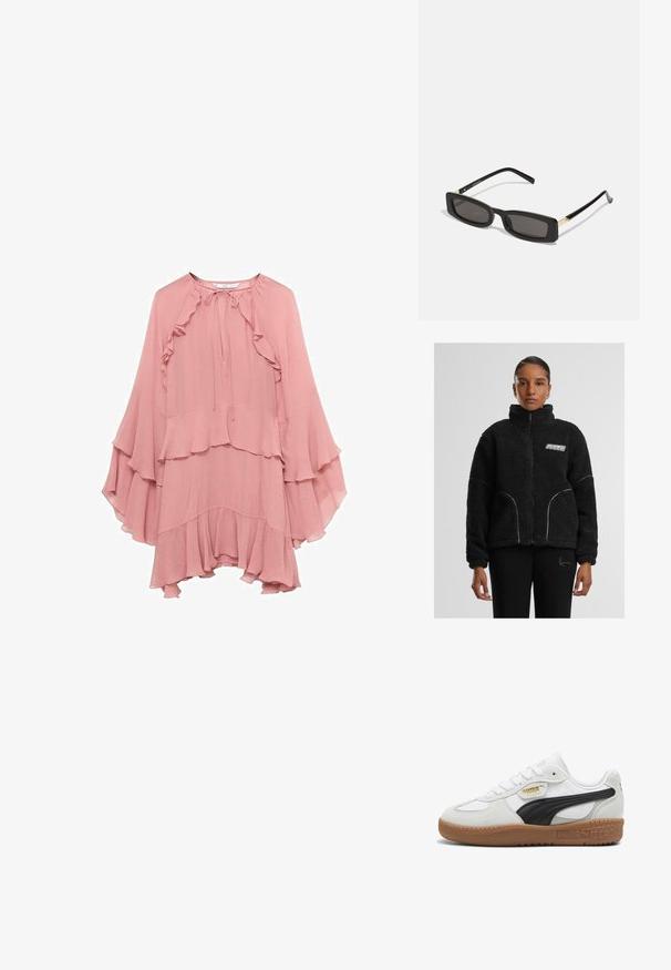 Jachetă din blană sintetică neagră, cu fermoar, guler înalt, cusături albe în contrast și logo pe piept. Prezintă buzunare laterale și o croială relaxată.; Rochie din chiffon roz cu un croi lejer, având volane la gât, la mâneci și la tiv, precum și o închidere cu un laț la gât.; Sneakers din piele albă cu o dungi din suede negru, talpă din cauciuc de tip gumă și branding auriu pe lateral. Design cu șireturi și vârf rotund.; Ochelari de soare rectangulari negri cu lentile întunecate, rame din plastic lucios și accente aurii pe tample. Design minimalist și formă elegantă.