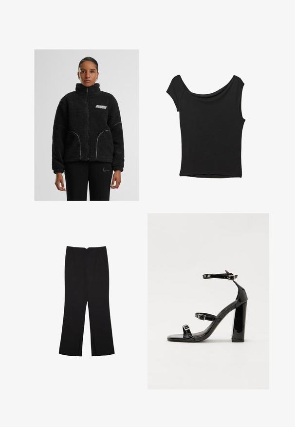 Črn umetni krzneni jopič z zadrgo in visokim ovratnikom, bele kontrastne šivane šive ter logotipom na prsih. Ima stranske žepe in sproščen kroj.; Črna kratka majica s kratkimi rokavi iz gladkega blaga; ima drapiran izrez in asimetrično spodnjo rob, s prilegnjenim telesom.; Črne hlače ravnega kroja z naglavnimi žepi in stranskimi razporki na robu. Narejene iz mehke, gladke tkanine. Primerne za različne priložnosti.; Črne lakirane sandale s peto, kvadratnim prstom, trakovi okrog gležnja in srebrnimi zaponkami. Opremljene so s stabilno Debelo peto.