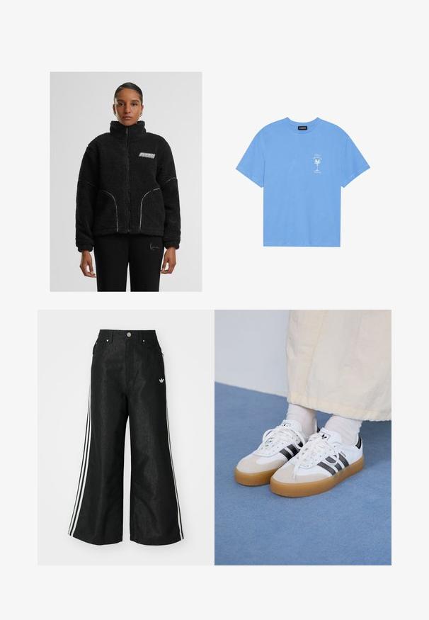 Fekete műszőrme dzseki magas gallérral, fehér kontrasztvarrással és logóval a mellkason. Oldalsó zsebekkel és laza szabással rendelkezik.; Világoskék pamut póló, lekerekített nyakkal. Az elülső bal mellrészen egy fehér pálmafát és szöveget ábrázoló grafikával rendelkezik. Rövid ujjak.; Fekete, bő szárú farmernadrág, mindkét oldalon három fehér csík díszítéssel és egy kis fehér logóval. Elölzsebekkel és gombos záródással rendelkezik.; Fehér sportcipő fekete csíkokkal és bézs velúr részletekkel. Texturált gumi talppal és lapos fehér fűzőkkel rendelkezik, világos színű zoknival viselve.