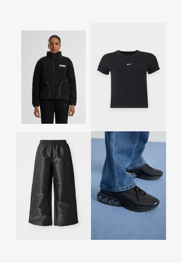 Juoda dirbtinė kailio striukė su užtrauktuku ir aukštu apykakle, balta kontrastinė siuvimo siūlė bei logotipas ant krūtinės. Su šoninėmis kišenėmis ir laisvu siluetu.; Juodas trumpas rankoves marškinėliai, pagaminti iš medvilnės, su apvaliu kaklu. Pasižymi balta Nike logotipu ant krūtinės, minimalistišku dizainu ir prigludusia forma.; Juodi sportiniai džinsai su blizgia, lygaus audinio medžiaga, turintys elastingą juosmenį, plačias kojų dalis ir mažą logotipą kairėje pusėje.; Juodi sportiniai bateliai su tinkliniu viršumi, tekstūruotais akcentais ir matomais oro pagalvėmis pado viduje. Dėvimi su mėlynais džinsais.