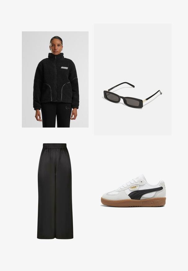 Chaqueta de piel sintética negra con cremallera y cuello alto, costuras en contraste blancas y logo en el pecho. Cuenta con bolsillos laterales y un corte relajado.; Top sin mangas azul de canalé con escote cuadrado, diseño ajustado, tirantes anchos y textura fruncida, combinado con pantalones grises de corte a medida.; Pantalones negros de pierna ancha hechos de una tela suave y brillante, con una cinturilla elástica y sin bolsillos visibles ni detalles de metal.; Zapatillas de cuero blanco con una franja de ante negro, suela de goma y branding dorado en el costado. Diseño con cordones y puntera redondeada.; Gafas de sol rectangulares negras con lentes oscuros, montura de plástico brillante y detalles dorados en las patillas. Diseño minimalista y forma elegante.