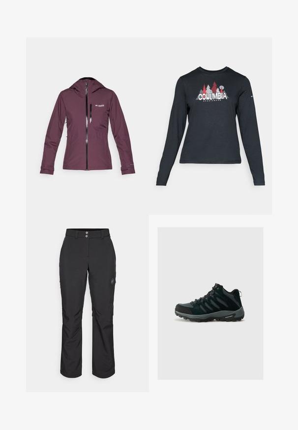 Columbia EXPLORERS EDGE™ INSULATED JACKET - Outdoorová bunda - moonvista; Dlhý rukáv, tmavošedá košeľa s grafikou červených stromov a hôr; logo "COLUMBIA" v tučnom bielom texte. Mäkká tkanina, štandardný okrúhly výstrih.; Čierne vonkajšie nohavice so strihom do rovna, s gombíkovým zapínaním, zipsovými bočnými vreckami a logo nášivkou na ľavom stehne.; Columbia REDMOND - Turistické topánky - black/citron haze