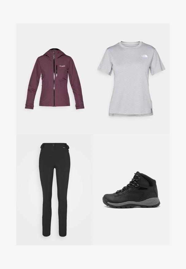 Columbia EXPLORERS EDGE™ INSULATED JACKET - Blouson - moonvista; T-shirt gris à manches courtes fabriqué en tissu doux et évacuant l'humidité. Il présente un col rond et un petit logo blanc en haut à gauche.; Pantalons noirs ajustés en matériau flexible. Les caractéristiques comprennent une poche latérale zippée, des genoux articulés et une texture lisse.; Botte de randonnée noire au design mi-haut, avec un dessus texturé, des accents gris et une semelle en caoutchouc durable avec des crampons de traction.