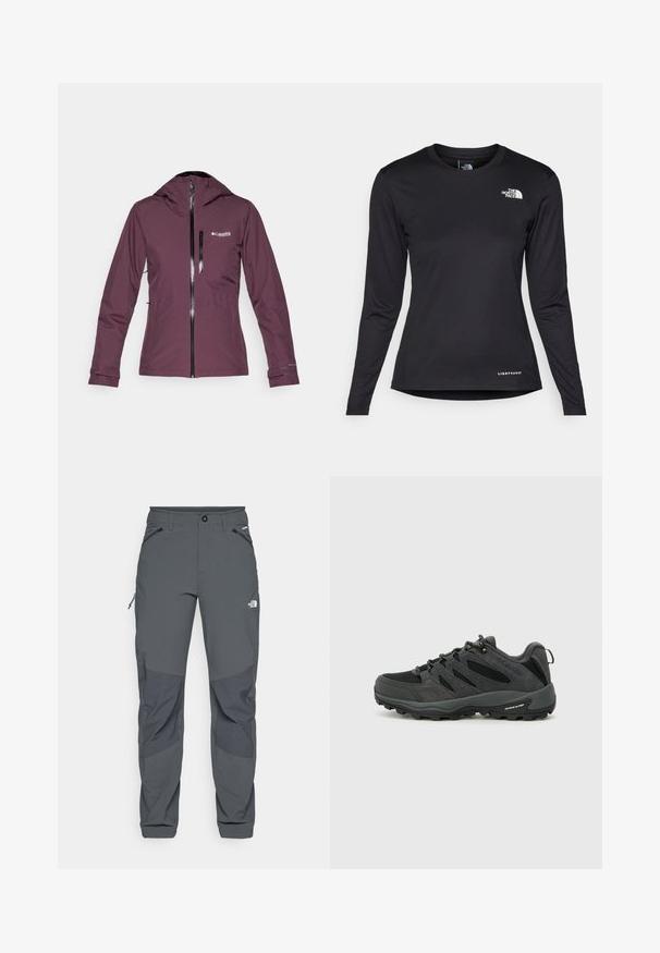 Columbia EXPLORERS EDGE™ INSULATED JACKET - Õuejope - moonvista; The North Face SHADOW LONG SLEEVE - Pikkade varrukatega topp - black; Tumed hallid välistingimustes püksid, millel on tugevdused põlvedel, lukuga külje- ja eesTaskud, nupuga sulgur ning The North Face logo reie peal.; Columbia REDMOND - Matkajalatsid - black/citron haze