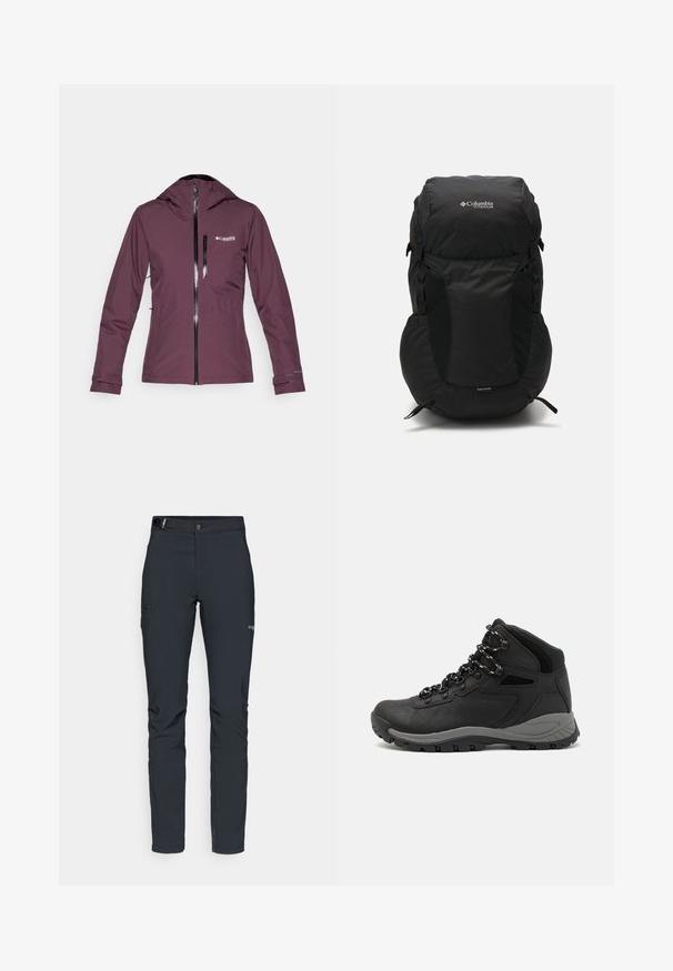 Columbia EXPLORERS EDGE™ INSULATED JACKET - Blouson - moonvista; T-shirt noir Columbia avec un dessin linéaire blanc de montagne et de rivière en cercle et le texte "Columbia Sportswear Company À l'extérieur depuis 1938."; Pantalons de plein air pour hommes, gris foncé, fabriqués en matériau flexible, dotés d'une ceinture, de poches zippées et de coutures renforcées.; Botte de randonnée noire au design mi-haut, avec un dessus texturé, des accents gris et une semelle en caoutchouc durable avec des crampons de traction.; Sac à dos noir avec un dessus arrondi, fabriqué en tissu résistant. Il dispose de poches en mesh sur les côtés et d'une étiquette pour la housse de pluie en bas.