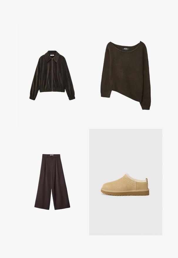 Hnedá kordová bunda so zipsom vpredu, širokým golierom, elastickým lemom a dlhými rukávmi. Textúrovaná látka s vertikálnym ryhovaním.; Hnedý, voľne pletený sveter s asymetrickým lemom a širokým výstrihom. Mäkka textúra s rebrovanými manžetami a štítkom na vnútornej strane výstrihu.; Čierne široké nohavice s vysokým pásom, so záhybmi vpredu a zapínaním na gombík v páse, vyrobené z hladkého materiálu.; Semišové nazúvacie topánky v svetlohnedej farbe, so softím kožušinovým podšívkou a textúrovanou gumovou podrážkou s jemným podpätkom a jazýčkom na zadnej strane pre ľahké obúvanie.