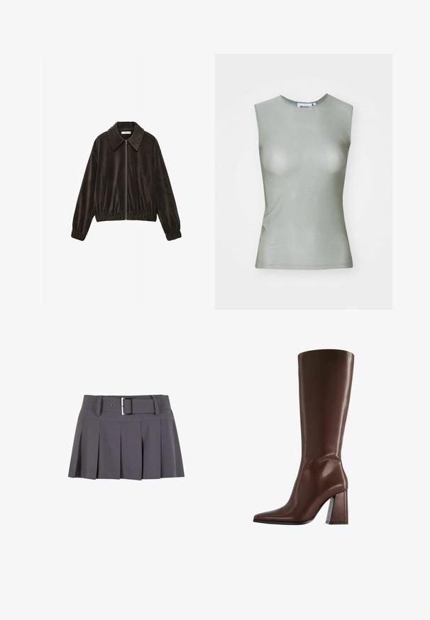 Giacca in corduroy marrone con zip frontale, colletto ampio, orlo elasticizzato e maniche lunghe. Tessuto texturizzato con righe verticali.; Top senza maniche di colore verde chiaro realizzato in tessuto morbido, con collo alto e silhouette aderente. Nessuna hardware o motivo visibile.; Mini gonna plissettata grigia con una texture morbida, dotata di una vita larga, passanti per la cintura e un dettaglio con fibbia rettangolare in argento.; Stivale marrone in pelle alto fino al ginocchio con punta a punta e tacco medio spesso, mostrato di profilo su sfondo bianco.