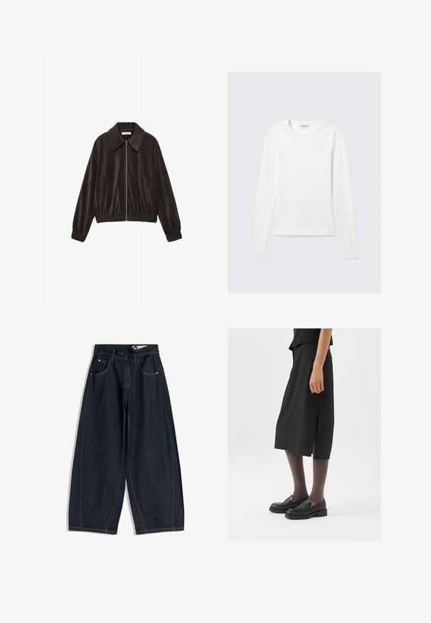 Braune Cordjacke mit Reißverschluss vorne, breitem Kragen, elastischem Saum und langen Ärmeln. Texturiertes Material mit vertikalen Rippungen.; Langarmiges, weißes Rundhalsshirt mit einem "WEEKDAY"-Label im Kragen, auf einem hellgrauen Hintergrund flach ausgelegt.; Dunkelblaue weit geschnittene Jeans mit verstellbarem Bund, fünf Taschen und kontrastierenden Nähten. Glatte Textur und lässiger Schnitt.; Schwarzer knielanger Rock mit seitlichem Schlitz, kombiniert mit schwarzen Loafers und transparenten braunen Strumpfhosen, aus glattem Stoff und mit einem schlichten Design.