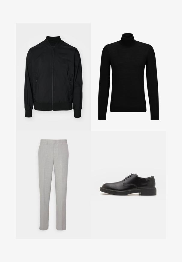 Calvin Klein MATTE JACKET - Bomberjacks - black; Zwarte coltrui van zacht materiaal, met lange mouwen en een snug fit. Geribbelde afwerking aan de onderkant en mouwen. Eenvoudig ontwerp.; Lichtgrijze broek met een gladde textuur, platte voorkant en rechte pijpen. Gemaakt van ademend materiaal, met interne zakken en riemlussen.; Zwarte leren veterschoen met een ronde neus, een gladde textuur, minimale stiksels en een lage rubberen hak. Logo op de hak.