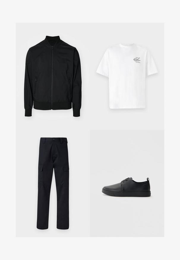 Calvin Klein MATTE JACKET - Blouson Bomber - black; T-shirt en coton blanc à manches courtes, col rond, avec un logo CK noir sur la partie gauche de la poitrine, coupe standard, texture lisse.; Pantalons cargo noirs en tissu résistant, avec une coupe droite, deux poches latérales et une fermeture à bouton à la taille.; Baskets en cuir noir avec une finition lisse, bout arrondi, coutures ton sur ton, devant à lacets et semelle plate en caoutchouc. Anse au talon.