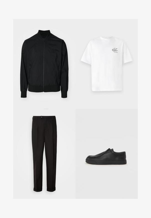 Calvin Klein MATTE JACKET - Pilotska jakna - black; Bjela pamučna majica kratkih rukava, okruglog izreza, s crnim CK logom na lijevoj strani prsnog dijela, standardnog kroja, glatke teksture.; Crne hlače glatke teksture, ravnog kroja, s dva prednja džepa i zatvaranjem na jedan gumb u struku.; Crne kožne cipele bez vezivanja s okruglim vrhom, šivanim detaljima i crnom gumenom potplatom. Glatka tekstura s minimalističkim dizajnom.