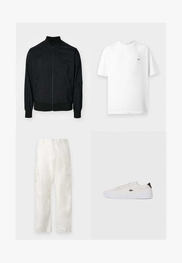 Calvin Klein MATTE JACKET - Geacă bomber - black; Tricou alb din bumbac cu guler rotund și mâneci scurte. Prezintă un mic logo Lacoste negru pe partea stângă a pieptului.; Pantaloni cargo albi din bumbac, cu un design drept, două buzunare laterale și două buzunare cargo pe coapse.; Tenis din piele albă cu vârf rotund, sistem de prindere cu șireturi în față și accent negru la călcâi. Are un mic logo brodat cu crocodil pe lateral.