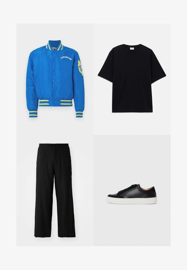 Blå varsity-jakke med gule stripete detaljer. Har brodert tekst "ICECREAM" og en logo. Laget av glatt, shiny stoff.; Svart oversized t-skjorte med kort erm og rund hals, med synlig Filippa K-merkelapp inne i kragen.; Svart vide bukser laget av lett stoff, med elastisk midjebånd og snor, uten synlige lommer eller mønstre.; Svart lærsneaker med semsket detaljer, rund tå, flat hvit gummisåle, og kontrasterende teksturer på kroppen og snørene.