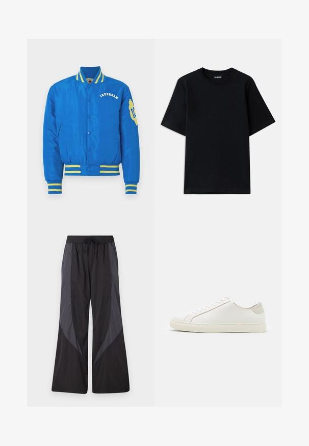 Blue varsity jacket with yellow striped accents. Features embroidered text "ICECREAM" and a logo. Made of smooth, shiny fabric.; Black cotton t-shirt with a crew neck and short sleeves. Features subtle logo embroidery on the left chest. Flat, smooth texture.; Han Kjøbenhavn PANELLED TRACK TROUSERS - Tracksuit bottoms - anthracite black; White leather sneaker with a smooth surface, round toe, and minimalistic design. Features beige accents on the heel and a rubber sole.