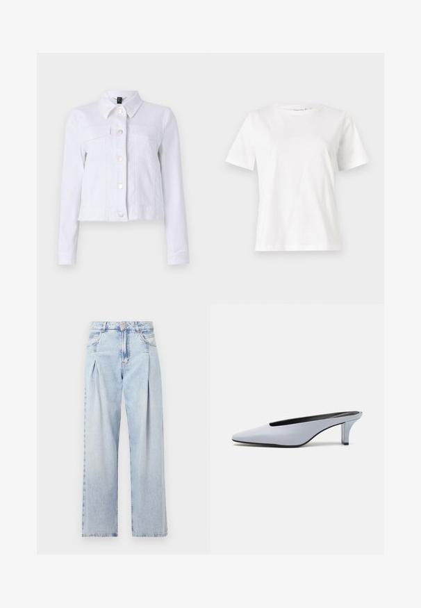 White denim jacket with long sleeves, button closure, two chest pockets, and raw hem detailing. Made from lightweight cotton fabric.; White cotton t-shirt with short sleeves, round neckline, and a relaxed fit. Smooth texture, no patterns or accents, minimalistic design.; Light blue denim jeans with a high waist, wide-leg cut, two side pockets, and pleated design feature. Soft texture with a faded finish.; Light blue patent leather mule with a pointed toe, low transparent heel, and a sleek design featuring a cut-out at the vamp.