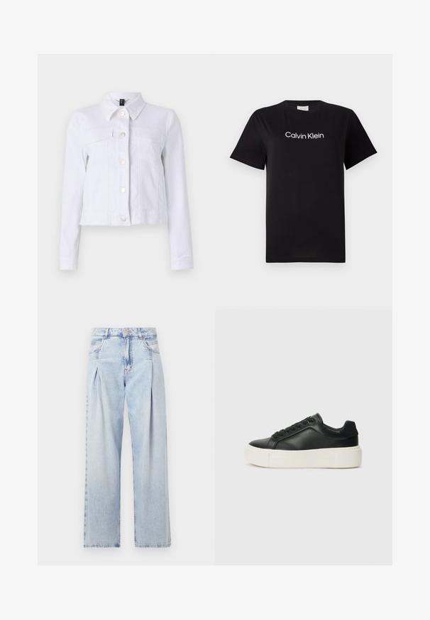 Hvit denimjakke med lange ermer, knappestolpe, to brystlommer og råkantdetaljer. Laget av lett bomullsstoff.; Svart bomull T-skjorte med korte ermer, med et hvitt logo "Calvin Klein" trykket over brystet. Klassisk design med rund hals.; Lyseblå denimjeans med høy livlinje, vide ben, to sidelommer og plisserte detaljer. Myk tekstur med en falmet finish.; Sorte lær sneakers med rund tå, hvit plattformsåle og svarte snøring. Har en subtil logo på hælen og jevn tekstur.