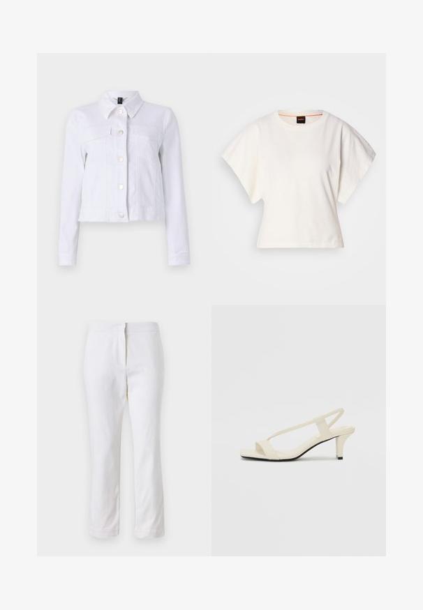 Weißes Denim-Jackett mit langen Ärmeln, Knopfverschluss, zwei Brusttaschen und rohem Saum. Hergestellt aus leichtem Baumwollstoff.; Weißes, kurzes T-Shirt, kurze weite Ärmel, weicher Baumwollstoff, runder Ausschnitt mit subtilen orangefarbenen Akzenten, minimales Design, keine Muster oder Grafiken.; Weiße Baumwollhose mit geradem Bein, mittelhoher Taille und ohne sichtbare Beschläge oder Muster. Glatte Textur auf der gesamten Fläche.; Beige Blockabsatzsandalen mit dünnen Riemen und quadrater Spitze. Glattes Material mit minimalem Design, entworfen für einfaches Tragen.