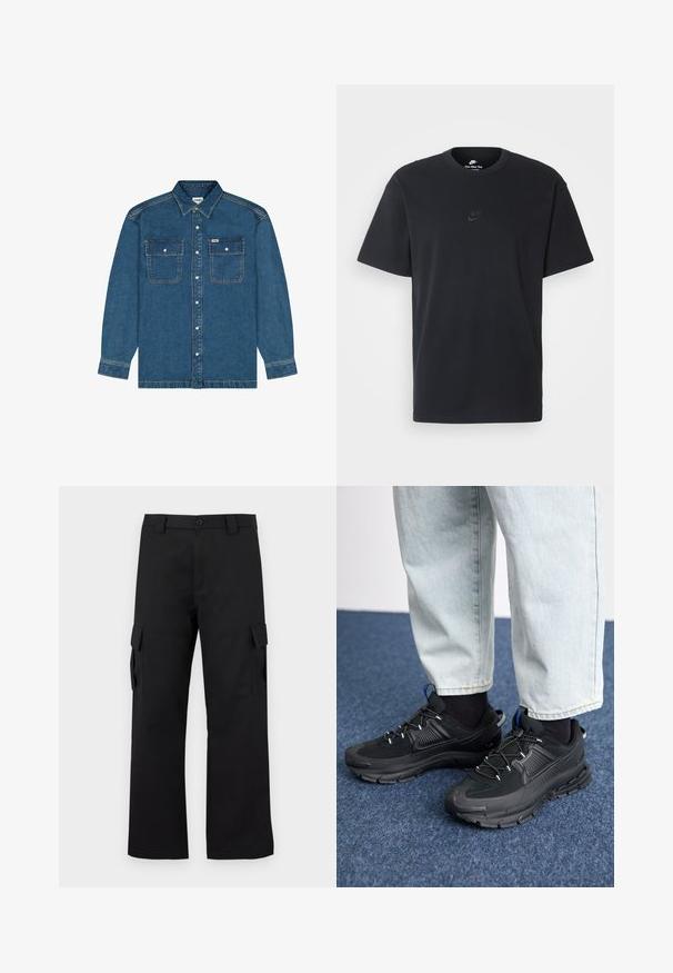 Wrangler LONG SLEEVE LOOSE FIT - Cowboyjakker - retro blue; Nike sort bomulds t-shirt med en klassisk rund hals, korte ærmer og et diskret, præget logo på brystet. Glat tekstur.; Sorte cargo bukser med lige ben-design. Lavet af slidstærkt stof, med to sidelommer med klaplukninger og lukning med knap.; Sorte træningssko med tekstureret stof og gummisåler, udstyret med elastiske snørebånd og en blå detalje på hælen. Bæres med lyse denimbukser.