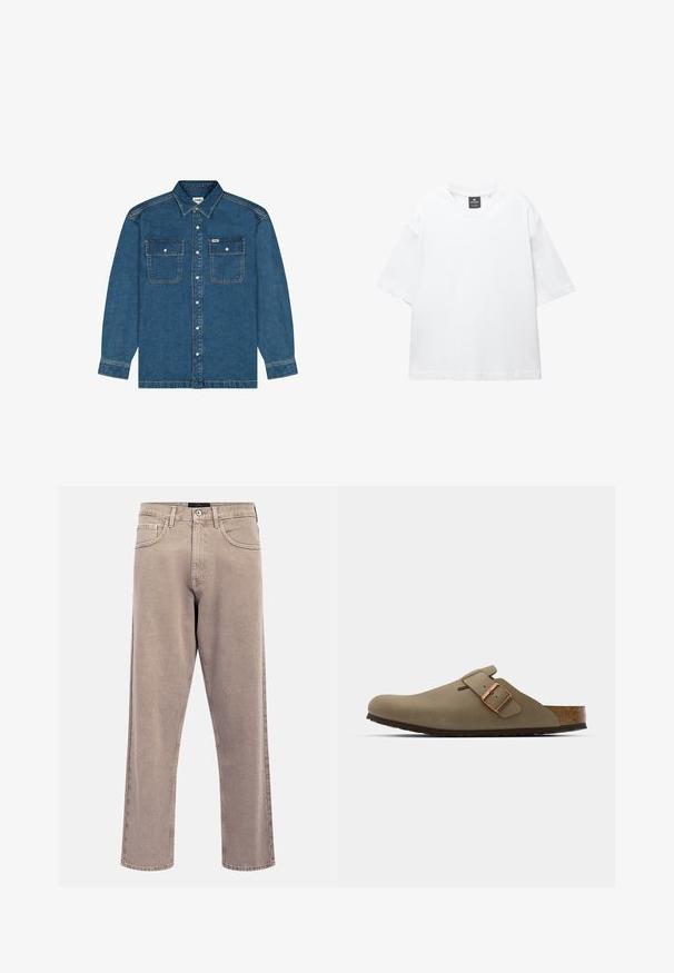 Wrangler LONG SLEEVE LOOSE FIT - Jeansjacke - retro blue; Weißes T-Shirt mit kurzen Ärmeln aus Baumwolle, das über einen Rundhalsausschnitt und einen lockeren Schnitt mit geradem Saum verfügt. Keine Muster oder Verzierungen.; Hellbeige Jeans mit geradem Bein, leicht verwaschener Textur, Fünf-Taschen-Design und Metallknopfverschluss. Auffällige Nahtdetails.; Braune Clogs mit einer glatten, matten Oberfläche. Besitzt eine auffällige bronzefarbene Schnalle an der Seite. Korkfußbett und Gummisohle für Komfort.