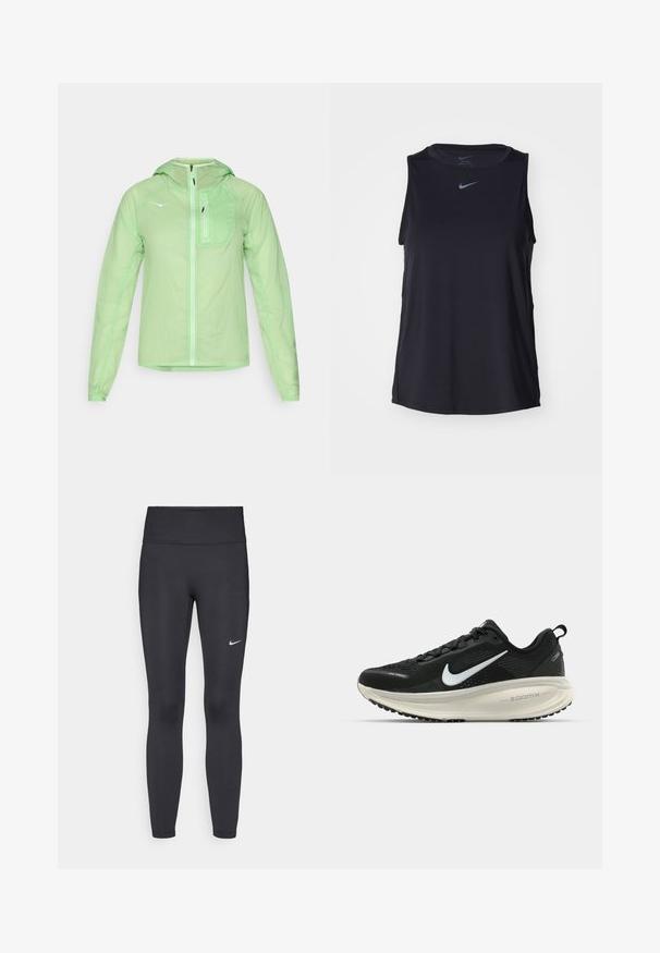 HOKA SKYFLOW JACKET - Corta-vento - tart apple; Camisola atlética sem mangas preta da Nike, feita de um tecido suave, com um decote redondo e um pequeno logótipo no peito.; Leggings pretos feitos de tecido elástico, com uma cintura alta e um logo branco da Nike na coxa esquerda. Textura suave, design ajustado ao corpo.; Sapatilha de corrida Nike preta com parte superior de malha respirável, logotipo Swoosh branco, detalhes texturizados e uma entressola ZoomX na cor creme.