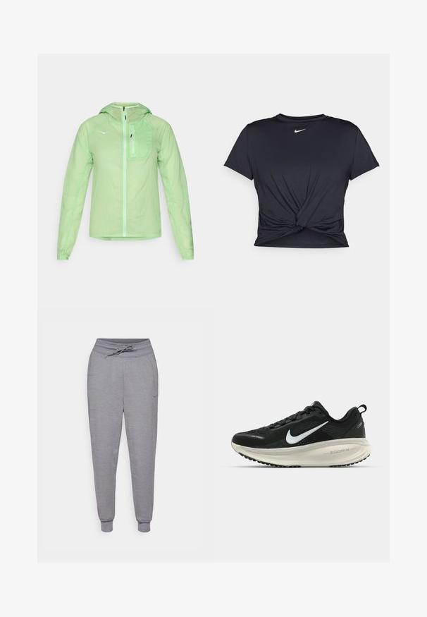 HOKA SKYFLOW JACKET - Veste coupe-vent - tart apple; T-shirt de sport noir en tissu lisse, avec un design avant noué et un petit logo Nike blanc sur la poitrine.; Pantalons de survêtement gris fuselés avec taille à cordon, poignets élastiques et un logo Nike discret sur la cuisse gauche. Tissu doux et texturé.; Baskets de course noir Nike avec tige respirante en mesh, logo swoosh blanc, détails texturés et semelle intermédiaire ZoomX de couleur crème.