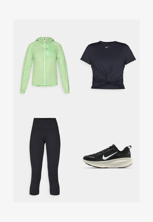 HOKA SKYFLOW JACKET - Veste coupe-vent - tart apple; T-shirt de sport noir en tissu lisse, avec un design avant noué et un petit logo Nike blanc sur la poitrine.; Leggings noirs coupés en tissu extensible, avec une taille haute et une texture lisse, sans motifs ni éléments visibles.; Baskets de course noir Nike avec tige respirante en mesh, logo swoosh blanc, détails texturés et semelle intermédiaire ZoomX de couleur crème.