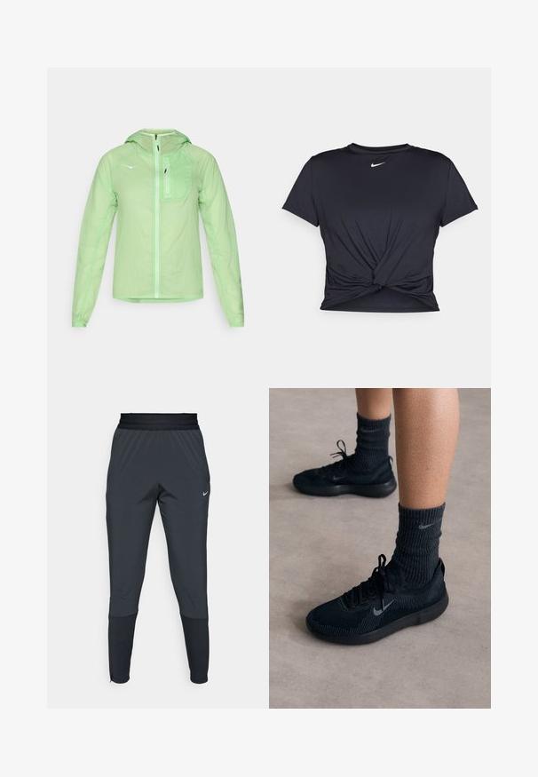HOKA SKYFLOW JACKET - Windbreaker - tart apple; Black athletic t-shirt made of smooth fabric, featuring a knotted front design and a small white Nike logo on the chest.; Nike athletic pants in dark gray, featuring a tapered leg design, elastic waistband, and accent details near the cuffs.; Black Nike sneakers with a textured knit upper, featuring a grey swoosh logo, paired with dark ribbed socks. Flat rubber sole.
