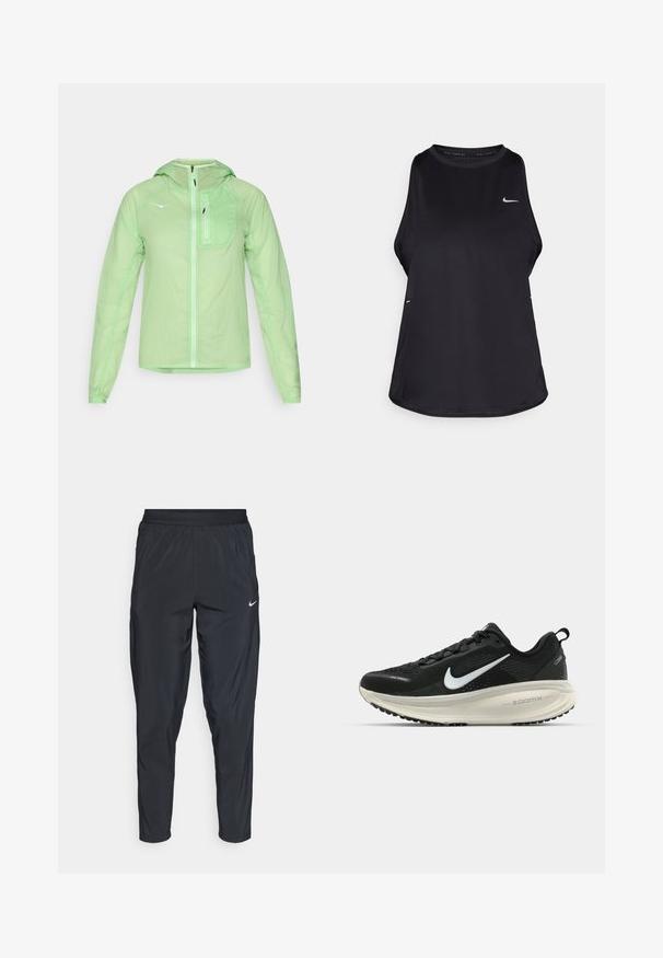 HOKA SKYFLOW JACKET - Vindjakke - tart apple; Svart ermeløs løpe-trøye laget av lett materiale med rund hals; har en subtil logo og sideslitser for pusteevne.; Sorte idrettsbukser med elastisk midjebånd, smale ben og en liten hvit logo på venstre lår. Lett og glatt stoff.; Svart Nike løpesko med pustende mesh-overdel, hvit swoosh-logo, teksturert detaljer og en kremfarget ZoomX mellomsåle.