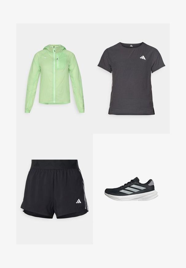 HOKA SKYFLOW JACKET - Giacca a vento - tart apple; T-shirt atletico a maniche corte, grigio scuro con texture perforata. Presenta un logo bianco e strisce laterali a contrasto. Girocollo.; Pantaloni sportivi neri con cintura elasticizzata, dotati di una banda testurizzata, strisce laterali e un logo Adidas bianco sull'orlo inferiore.; Scarpa da corsa nera con tomaia in mesh, tre strisce argentate, intersuola bianca e suola testurizzata. Presenta un colletto imbottito e chiusura con lacci.