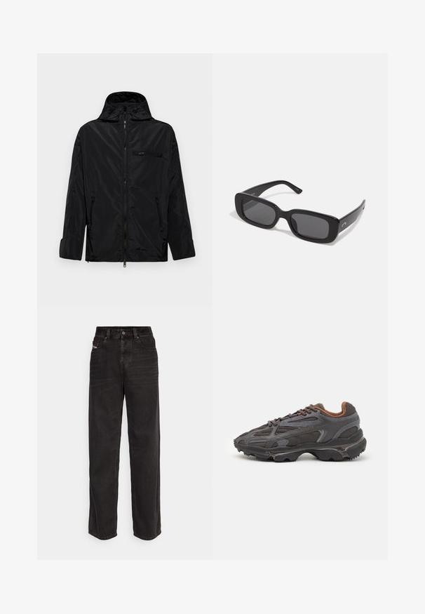 Čierna nepremokavá bunda s kapucňou, so zipsom na prednej strane a dvoma bočnými vreckami. Obsahuje malé zipsové vrecko na hrudi a má hladkú textúru.; Čierne tričko s dlhým rukávom vyrobené z bavlny, s okrúhlym výstrihom a malým zeleným vyšívaným logom krokodíla na ľavej hrudi.; Čierne deninové nohavice s širokými nohavicami a vysokým pásom, predným zapínaním na gombík, dvoma bočnými vreckami a jemnými švom.; Lacoste tenisky v tmavo sivej farbe z nylonu a syntetického materiálu, s textúrovanou podrážkou a hnedými akcentami na golieri a brandingu.; Čierne obdĺžnikové slnečné okuliare s tmavými sklami, hladkými plastovými rámami a širokými stranami. Diskrétne logo na boku.
