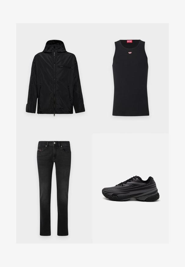 Casaco impermeável preto com capuz, frente com fecho éclair e dois bolsos laterais. Apresenta um pequeno bolso no peito com fecho éclair e uma textura suave.; Camisola preta sem mangas feita de tecido suave, com decote redondo, aberturas para os braços e um pequeno logótipo vermelho no peito. Design simples.; Calças de ganga preta com um design de perna reta, apresentando bolsos dianteiros e traseiros, desvanecimentos subtis e fecho de botão em metal.; Shoe de corrida preta com um cabedal texturizado apresentando riscas cinzentas. Sola grossa para amortecimento, bico redondo e atacadores planos para um ajuste seguro.