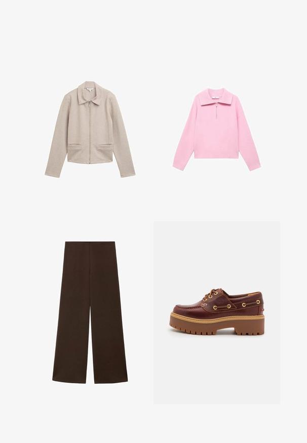 Helle beige Zip-Jacke mit Kragen, langen Ärmeln und zwei vorderen Taschen. Aus einem gerippten, strukturierten Stoff gefertigt.; Rosa verkürzter Pullover mit einem hohen Kragen und einem halben Reißverschluss an der Vorderseite. Verfügt über lange Ärmel und eine glatte, weiche Textur. Keine Muster oder Akzente vorhanden.; Weite Hosen aus einem glatten, dunkelbraunen Stoff. Sie haben einen hohen Bund und ein minimalistisches Design ohne Verzierungen.; Braune Lederbootsschuhe mit einer massiven braunen Gummisohle, goldenen Ösen und kontrastierenden Nähten. Mit einem Logo an der Seite.
