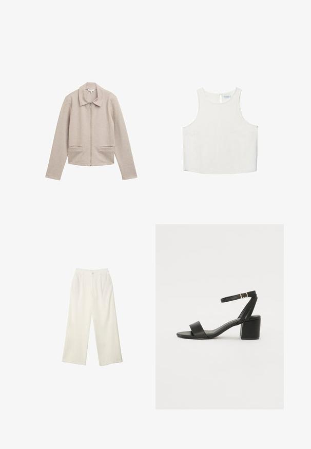 Veste zippée beige clair avec un col, des manches longues et deux poches avant. Fabriquée en tissu côtelé et texturé.; Haut sans manches blanc avec un col rond, présentant une texture subtile, un détail en forme de trou de serrure au dos et un ourlet droit.; Pantalons à jambes larges en tissu crème avec une texture lisse, dotés d'un seul bouton à l'avant, de plis subtils et d'un design taille haute.; Sandale à talons noirs avec un dessus en cuir lisse, une ouverture à l'avant, de larges brides avant et une bride de cheville ajustable avec une boucle dorée.