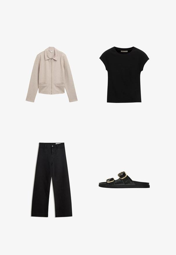 Lichtbeige zip-up jack met een kraag, lange mouwen en twee voorzakken. Gemaakt van een geribbelde, gestructureerde stof.; Zwarte korte mouwen t-shirt gemaakt van zachte stof, met een ronde halslijn en een ontspannen pasvorm, met een gladde textuur en zonder patronen.; Zwarte denim broek met wijde pijpen en een hoge taille, voorzien van voor- en achterzakken, gestikte naden en een knoopsluiting. Gladde textuur.; Zwarte slipper met twee gouden gesps, gladde textuur, platte zool en een minimalistisch ontwerp.