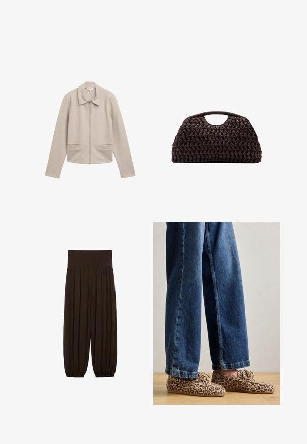 Lichtbeige zip-up jack met een kraag, lange mouwen en twee voorzakken. Gemaakt van een geribbelde, gestructureerde stof.; Beige en zwart gestreepte geribbelde tanktop met een ronde hals, gecombineerd met een aangesloten zwarte leren rok met een rits aan de voorkant en riemdetails.; Bruine geplooide broek met een brede, elastische tailleband. De stof is lichtgewicht en gestructureerd, met gatherse randen bij de boorden.; Luipaardprint loafers van suede, met een ronde neus, vetersluiting en platte, flexibele zolen, gecombineerd met blauwe jeans.; Geweven bruin handtas met een ronde silhouet, voorzien van een bovenhandvat en een gestructureerde oppervlakte. Compact ontwerp met een platte basis voor stabiliteit.