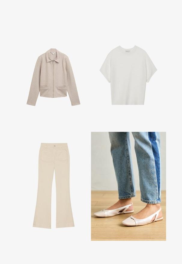 Chaqueta de cremallera de un beige claro con cuello, mangas largas y dos bolsillos frontales. Fabricada con una tela de canalé y textura.; Camiseta blanca de manga corta con cuello redondo amplio y patrón acanalado texturizado, hecha de una tela suave, con un corte relajado y un diseño limpio.; Pantalones acampanados beige de cintura alta, confeccionados en tejido de algodón. Cuentan con bolsillos delanteros y traseros, pasadores para cinturón y un solo botón plateado.; Bailarinas de color rosa pálido con tiras traseras y punta puntiaguda, fabricadas con un material similar al cuero suave. Presentan detalles recortados en los laterales y un tacón plano.