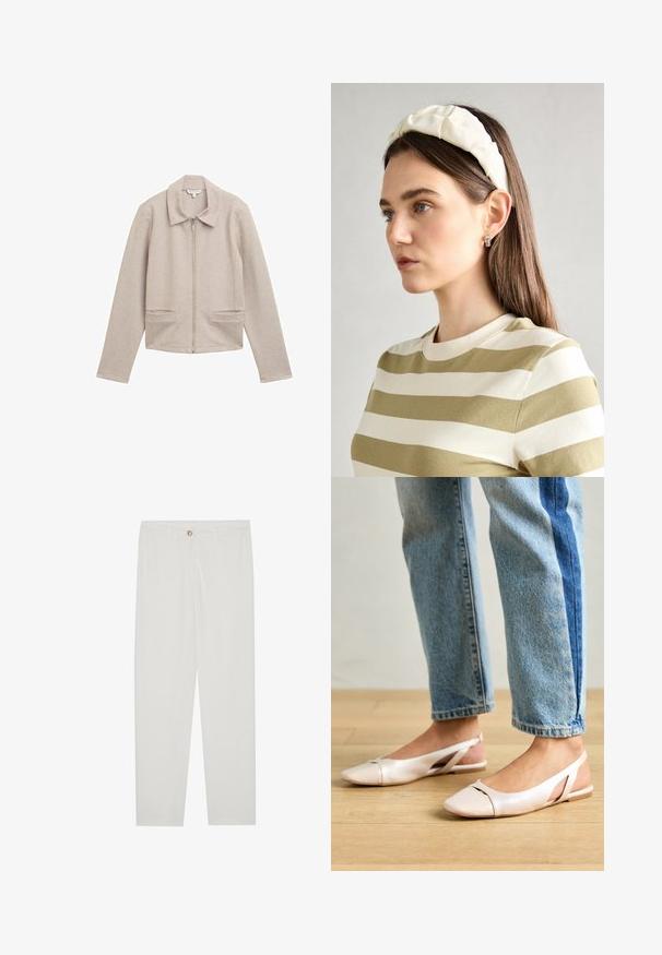 Light beige zip-up jacket with a collared neckline, long sleeves, and two front pockets. Made of a ribbed, textured fabric.; White short-sleeve T-shirt made of soft cotton. Features a round neckline and relaxed fit. Clean design with no visible patterns or accents.; White, tailored trousers with a straight leg design, featuring a button closure, belt loops, and side pockets; smooth fabric texture.; Pale pink slingback flats with a pointed toe, made from a smooth leather-like material. Features cut-out details at the sides and a flat heel.; Cream padded headband with twisted design, paired with a beige and white striped shirt featuring a round neckline. Subtle jewelry accents.