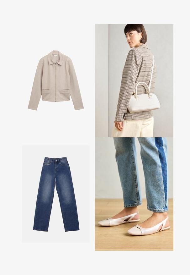 Jasnobeżowa kurtka zapinana na zamek z kołnierzem, długimi rękawami i dwiema przednimi kieszeniami. Wykonana z prążkowanej, teksturowanej tkaniny.; Biała koszulka z krótkim rękawem wykonana z miękkiej bawełny. Posiada okrągły dekolt i luźny krój. Czysty design bez widocznych wzorów czy akcentów.; Anna Field - Wide leg; Jasnoróżowe baleriny na odkrytej pięcie z wąskim noskiem, wykonane z gładkiego materiału imitującego skórę. Posiadają wycięcia po bokach oraz płaski obcas.; Biała torebka o strukturalnym kształcie z krótkimi uchwytami i paskiem na ramię, z złotymi akcentami i teksturowanym materiałem, prezentowana na szarym tle.