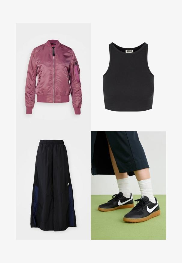 Veste bomber en mauve clair, en satin lisse. Comprend une fermeture éclair à l'avant, des poches latérales et une poche à fermeture éclair sur la manche avec une étiquette en tissu.; Crop top noir côtelé avec un design sans manches. Caractérisé par un col rond et une texture lisse. Étiquette visible à l'intérieur du col.; Pantalons larges noirs en tissu léger, avec un panneau latéral bleu marine et une taille élastique. Petit logo blanc en bas.; Baskets noires en cuir et synthétique avec le swoosh blanc de Nike, semelle en caoutchouc, bout rond et lacets noirs. Chaussettes blanches côtelées visibles.
