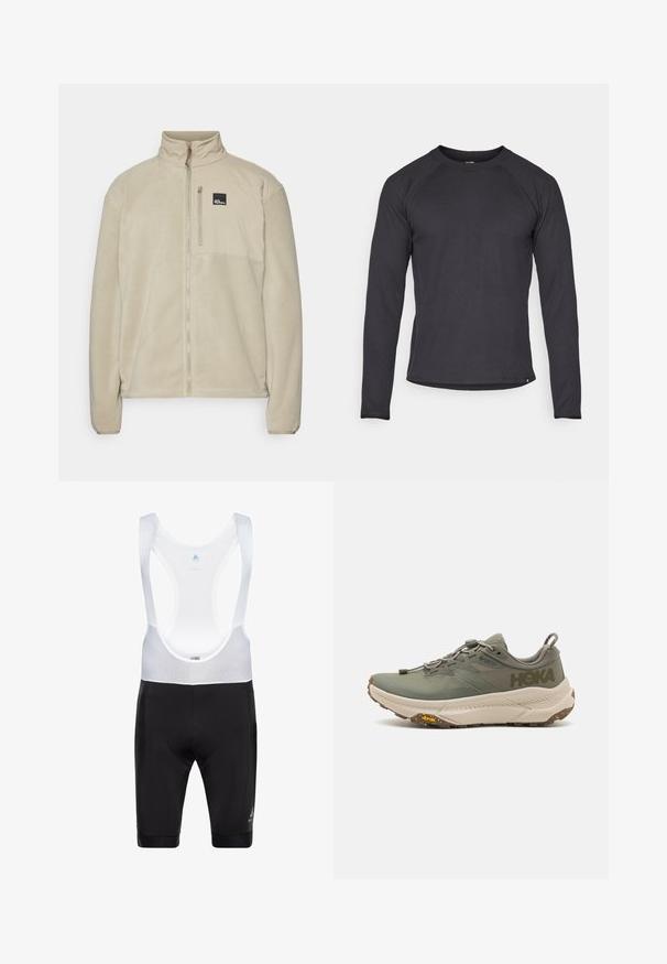 Beige Fleecejacke mit hohem Kragen, durchgehendem Reißverschluss und einer Reißverschluss-Brusttasche. Mit einem Logo-Patch auf der oberen linken Seite.; Dunkelgraues Langarmshirt mit strukturiertem Rippmuster, Rundhalsausschnitt und Raglanärmeln. Ein kleines Logo ist in der Nähe des Saums sichtbar.; Schwarze Rad-Bib-Shorts mit weißen Netzträgern. Glattes Material, gepolsterter Sitzbereich und elastische Beinöffnungen für Komfort und Passform.; Grüner Hoka-Laufschuh mit Gore-Tex-Obermaterial, strukturierten Akzenten, elastischen Schnürsenkeln und dicker beiger Sohle mit Vibram-Logo.