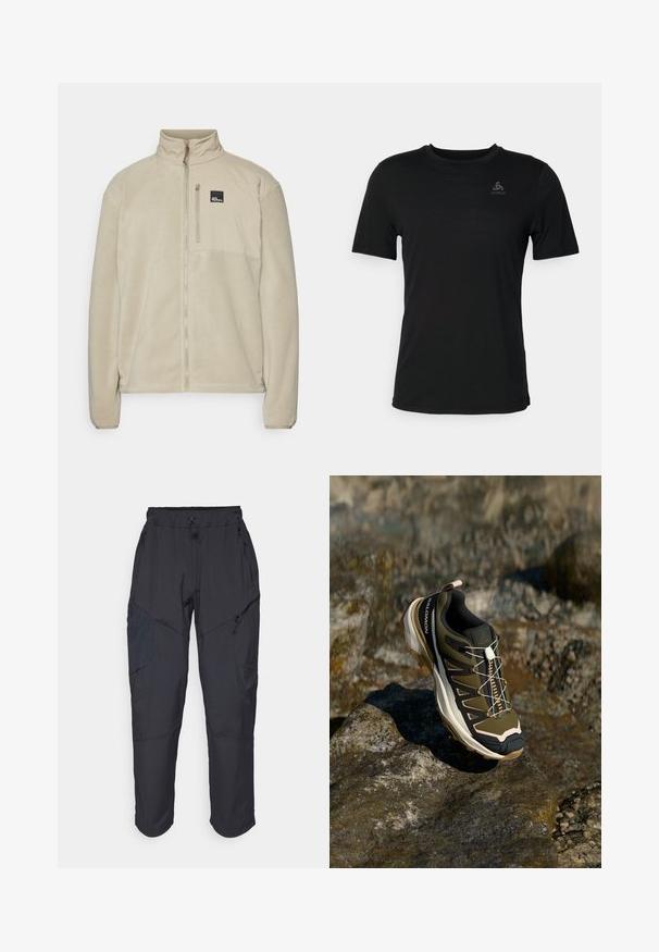 Beige Fleecejacke mit hohem Kragen, durchgehendem Reißverschluss und einer Reißverschluss-Brusttasche. Mit einem Logo-Patch auf der oberen linken Seite.; Schwarzes T-Shirt aus leichtem Material, mit rundem Halsausschnitt, kurzen Ärmeln und einem kleinen Markenlogo auf der oberen linken Seite.; Schwarze Cargo-Hosen aus leichtem, wasserabweisendem Material; verfügen über einen elastischen Bund, mehrere Reißverschlusstaschen und schmal zulaufende Beine.; Wanderschuh in Olivgrün und Schwarz mit pinken Akzenten. Verfügt über ein strukturiertes Obermaterial, eine flexible Sohle, eine verstärkte Zehenkappe und ein farbenfrohes Schnürsystem.