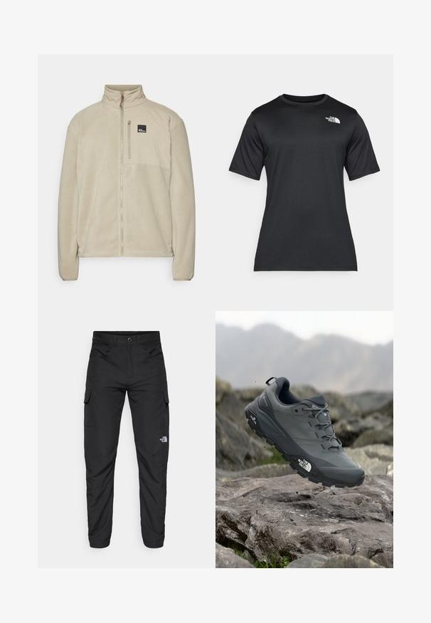 Beige Fleecejacke mit hohem Kragen, durchgehendem Reißverschluss und einer Reißverschluss-Brusttasche. Mit einem Logo-Patch auf der oberen linken Seite.; Schwarzes Kurzarm-T-Shirt aus leichtem, feuchtigkeitsableitendem Material. Mit einem weißen Logo auf der linken Brust und einem Rundhalsauschnitt.; The North Face HORIZON PANT - Outdoor-Hose - black; Grau Trailrunning-Schuh mit einer strukturierten Oberseite, haltbarer Gummisohle und verstärkter Zehenkappe. Verfügt über Schnürsenkel und ein Markenlogo an der Seite.