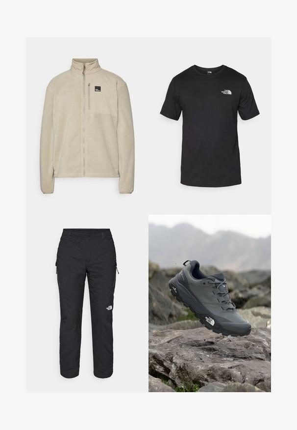 Beige Fleecejacke mit hohem Kragen, durchgehendem Reißverschluss und einer Reißverschluss-Brusttasche. Mit einem Logo-Patch auf der oberen linken Seite.; Schwarzes T-Shirt mit kurzen Ärmeln aus Baumwolle, mit einem runden Ausschnitt und einem kleinen weißen Logo auf der oberen linken Brust.; The North Face WINTER EXPLORATION TAPERED CARGO - Outdoor-Hose - black; Grau Trailrunning-Schuh mit einer strukturierten Oberseite, haltbarer Gummisohle und verstärkter Zehenkappe. Verfügt über Schnürsenkel und ein Markenlogo an der Seite.